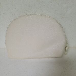 NWOT MAC Cosmetics Bag, zip closure, sparkly white, pearl trimmed, cameo zipper